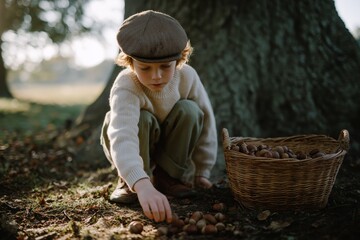 Young boy gathers acorns in a serene forest setting, emphasizing nature exploration and seasonal activities in autumn.