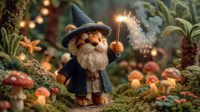 Animated tiger wizard in whimsical forest with sparkling magic wand illustration