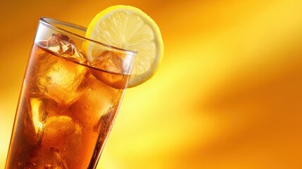 Refreshing iced tea with lemon slice in a glass, set against a vibrant yellow background