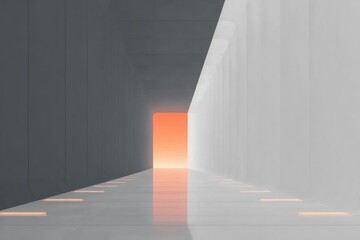 Illuminated doorway contrasts with minimalistic walls, creating