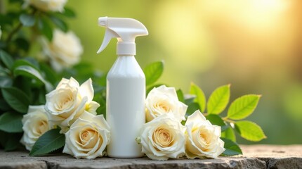 White spray bottle with delicate white roses and green leaves outdoors