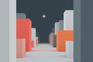 Colorful geometric shapes create surreal pathway under starry ni