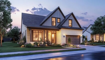 The illustration shows a two-story house with a gable roof, large windows, and a landscaped yard, illuminated by soft lighting at twilight.