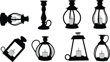 Candle holder and lantern silhouette icons, black vector set, glass body, handle loop, vintage lighting, geometric frame, illustration pack
