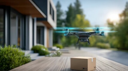 Quadcopter drone hovers above wooden terrace, delivering cardboard box to stylish house in green suburban area. This highlights innovation in fast, efficient, eco friendly delivery solutions - Powered by Adobe