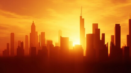 Silhouette of a bustling city skyline at sunset, casting warm hues over the horizon, evoking tranquility