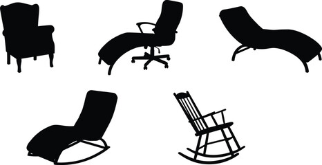 Chair silhouette icons, black vector set, modern and classic seating, furniture design elements, ergonomic styles, interior decor illustration pack