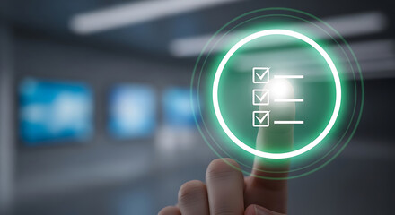 Finger pressing a glowing green digital checklist button on a futuristic interface