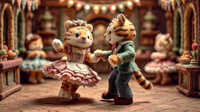 Animated tiger characters dancing in a decorative interior setting