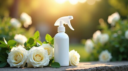 White spray bottle with white roses in garden sunlight