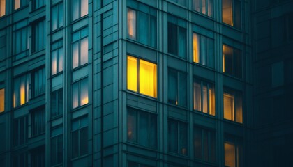 Obraz premium A teal-colored building is shown at night with many windows, one of which is brightly lit with a warm yellow light.