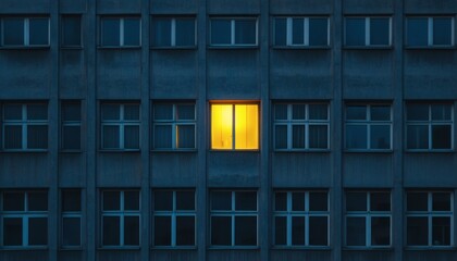 Obraz premium A building's exterior shows many dark windows, except for one brightly lit window on the central level, glowing yellow.