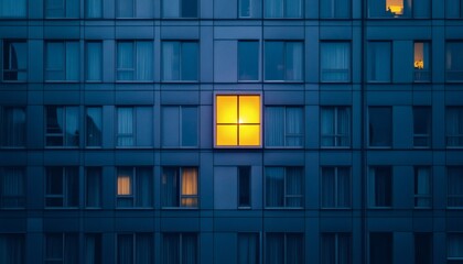 Obraz premium The image shows a multistory building at night with most windows dark, except for one brightly lit window with yellow light