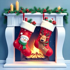 Illustration of two Christmas socks on a fireplace