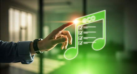 Hand touching glowing musical note interface in modern digital environment