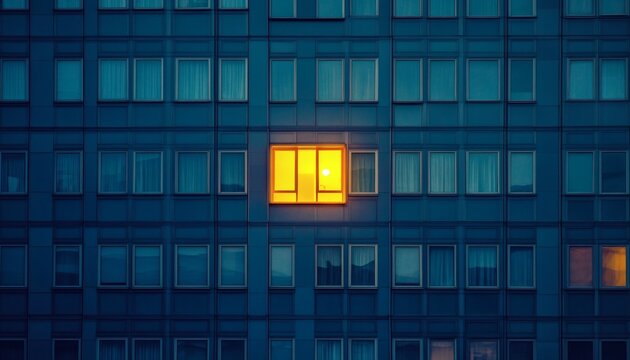 A single window on a dark blue building is lit from the inside, emitting a warm yellow glow against the dark exterior. - Powered by Adobe
