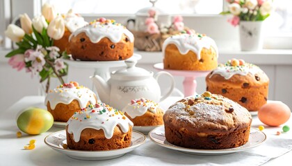 A variety of colorful, delicious-looking Easter breads are arranged attractively on a table, adorned with white icing and sprinkles.