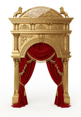 Detailed Golden Arch and Red Velvet Curtains on Isolated White Background