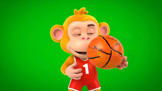 Cartoon Monkey Mascot Spinning Basketball on Green Screen - A cheerful cartoon monkey mascot holds and spins a basketball. The monkey is wearing a red basketball uniform with the number 1.