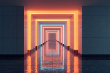Illuminated corridor creates surreal atmosphere with vibrant neo
