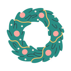 Obraz premium Cute Christmas wreath with festive decorations. Circle round festive ornament from green fir. Traditional winter decor. Flat vector illustration on white background