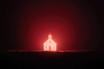 Illuminated church stands alone in dark landscape, glowing with