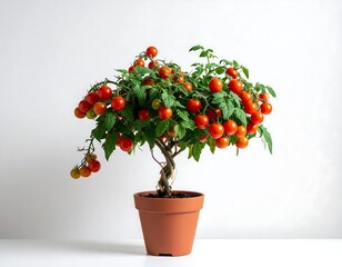 Naklejka premium A vibrant bonsai tomato plant, laden with ripe and colorful cherry tomatoes, sits attractively in a terracotta pot against a clean white backdrop.