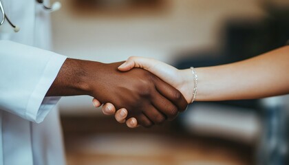 A close-up image shows a doctor and patient shaking hands; the doctor is wearing a white coat, and the patient has a bracelet on.