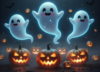 Cute Haunted Ghost Characters with Smiling Faces and Carved Pumpkins for Halloween Design