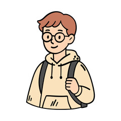 Cute light-skinned student boy with glasses and backpack, standing in a relaxed pose. Hand-drawn pastel doodle illustration, perfect for stickers, posters, school projects, and creative student design