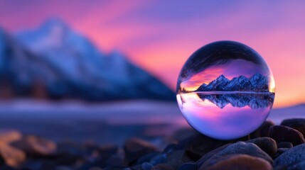 Crystal ball reflecting majestic mountains and vibrant sunset over a tranquil landscape