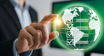 Businessman touches glowing digital globe with checklist and world map
