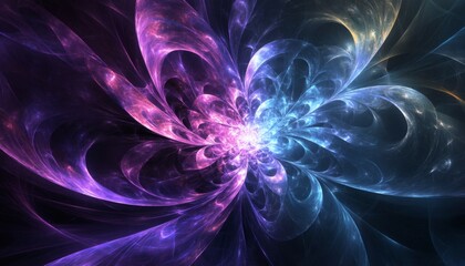 Obraz premium This illustration shows a fractal design resembling a flower with glowing, swirling petals in shades of purple, blue, and pink against a dark background.