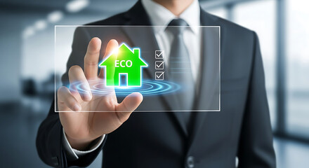 Businessman touches glowing eco house icon on futuristic digital screen