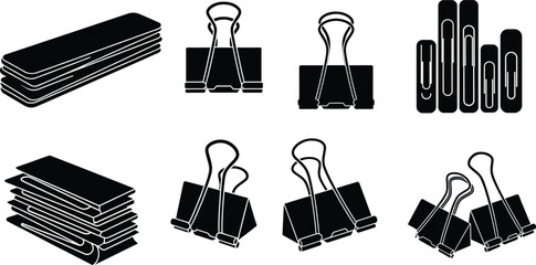 Office supply silhouette icons, black vector set, binder clips, paper clips, staple stacks, stationery design, desk tools, illustration pack