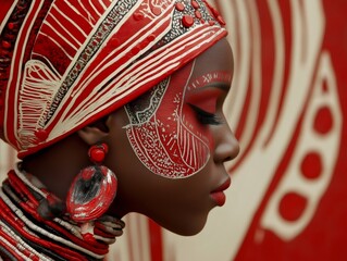Profile of a fashion model showcasing intricate red and white tribal headdress, makeup, and jewelry, her eyes closed, highlighting the rich cultural heritage and artistic expression