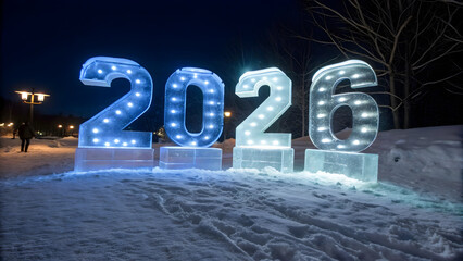 Large illuminated ice numbers 2026 in snowy park at night new year ice sculpture