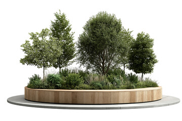 Garden planter with trees and shrubs isolated on a transparent background