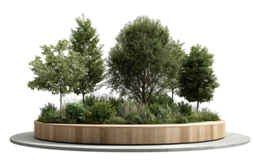 Garden planter with trees and shrubs isolated on a transparent background