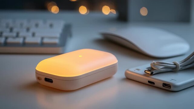 A sleek wireless mouse with a glowing orange light sits on a clean desk next to a keyboard and charging accessories. The blurred background features warm bokeh, enhancing the modern tech vibe