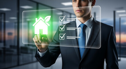 Businessman interacts with a futuristic holographic interface displaying a green house icon and checklist