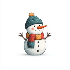 Cheerful snowman wearing a colorful hat and scarf stands in a winter setting, bringing joy to the season with a friendly demeanor