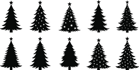 Naklejka premium Christmas Tree Silhouette Vector Set – Ten Black Holiday Trees with Stars and Ornaments for Winter, Festive, and Seasonal Design