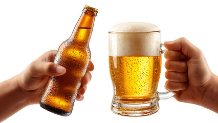 Two hands hold a beer bottle and a glass beer