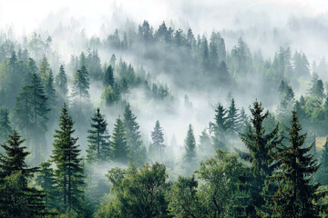 Fototapeta premium Enchanting Morning Mist Embraces a Serene Coniferous Forest Landscape