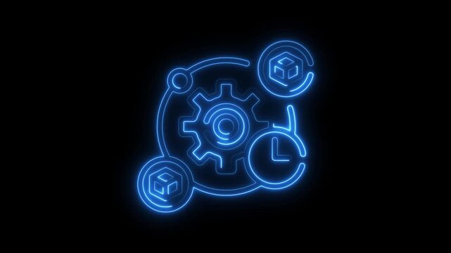 Blue neon glowing abstract icons representing gears clock and cubes in motion on black background - Powered by Adobe