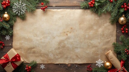 Christmas background with vintage paper sheet framed by fir branches, golden ornaments, berries, snowflakes and gift boxes on rustic wooden table perfect for greeting card, letter or festive template