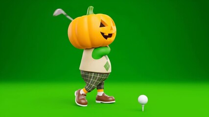 Cartoon Pumpkin Golfer Teeing Off on Green Background - A cartoon pumpkin-headed golfer swings a golf club on a green chroma key background. - Powered by Adobe