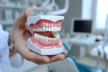 Dentist demonstrating full denture model to patient in modern dental clinic