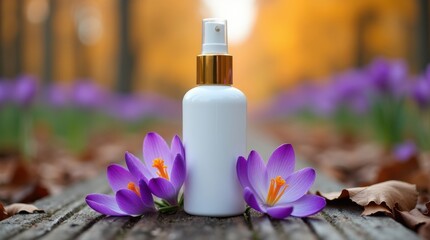 White spray bottle with gold accent surrounded by purple crocuses on a wooden surface